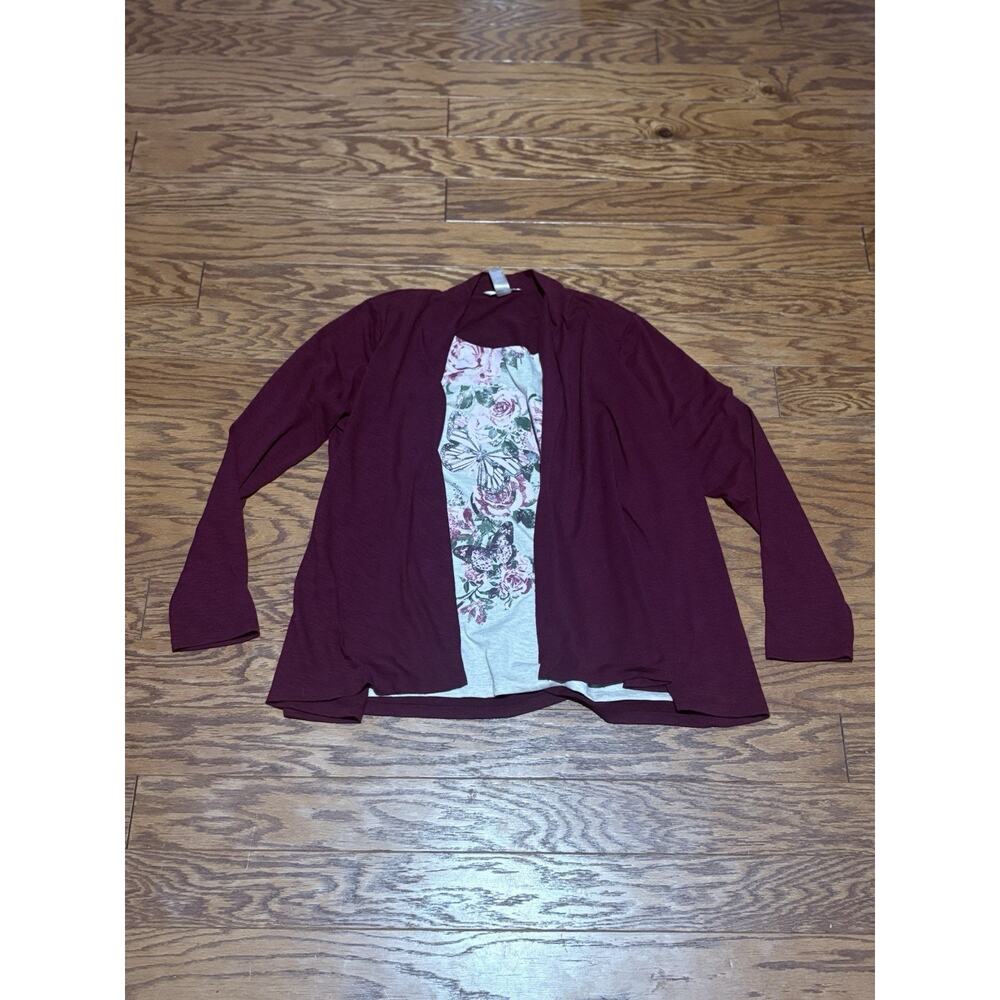 White Stag Women's Burgundy 2-Piece Look Long Sleeve Cardigan Shirt Combo, Sz L